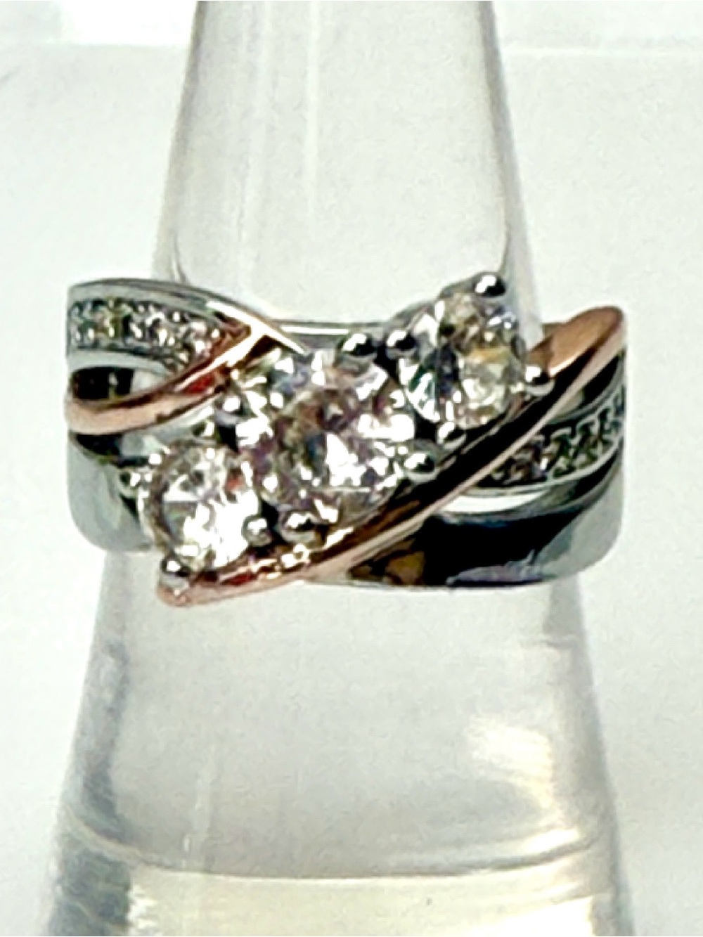 Silver & Rose Gold Two-Tone Cubic Zirconia Three-Stone Ring - Picture 5 of 8